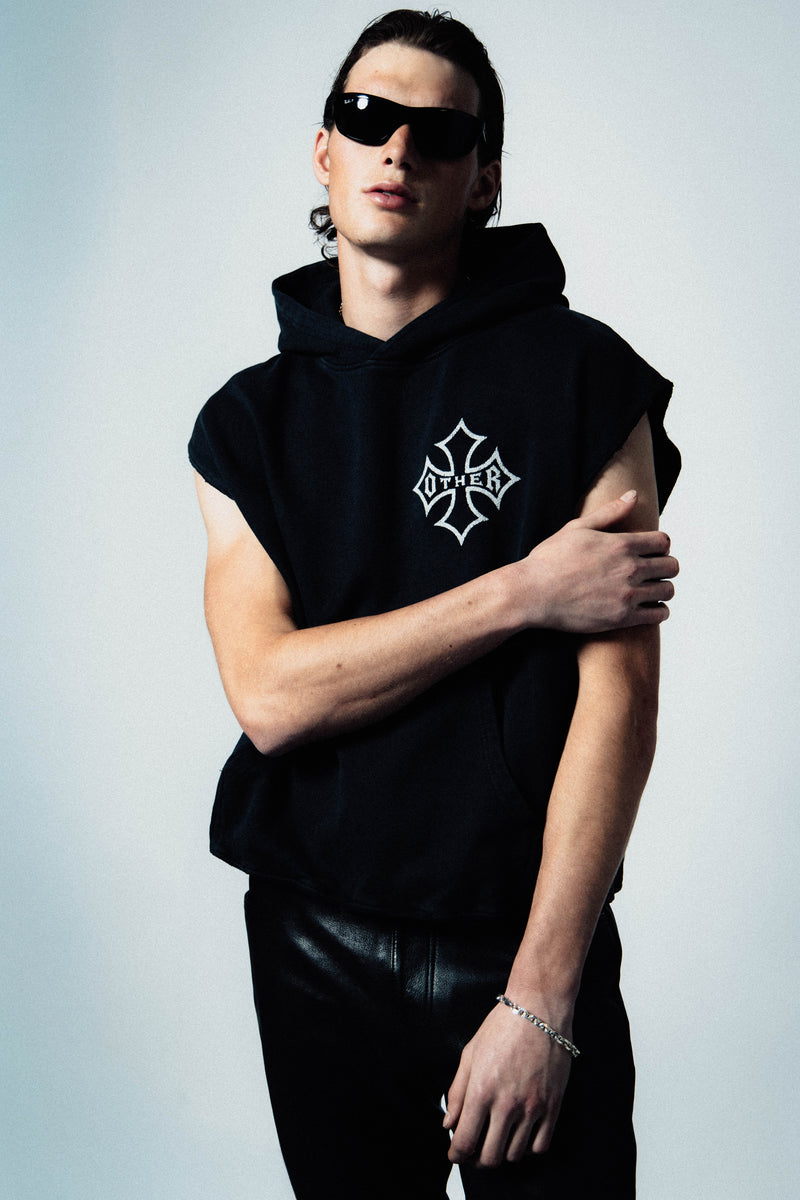 Icon Vintage Issue Raw Edge Sleeveless Oversized Hoodie - Vintage Black
