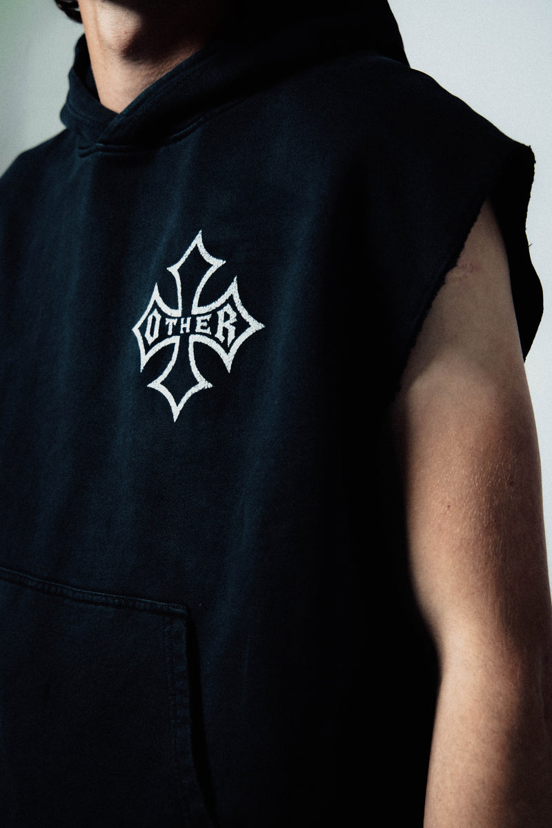 Icon Vintage Issue Raw Edge Sleeveless Oversized Hoodie - Vintage Black