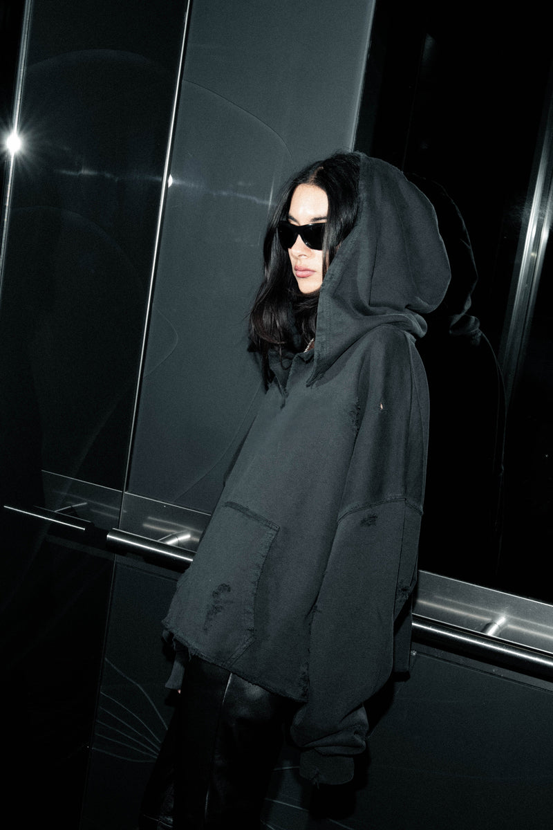 Distressed Hoodie - Aged Black