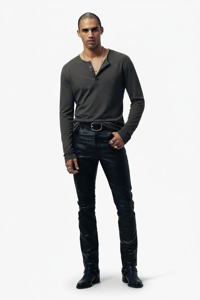 Damon Long Sleeve Henley T Shirt - Gun Metal Grey