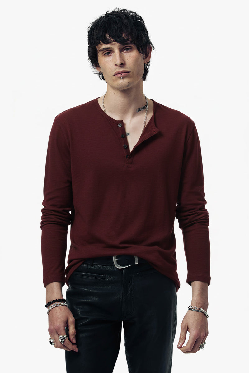 Damon Long Sleeve Henley T Shirt - Oxblood