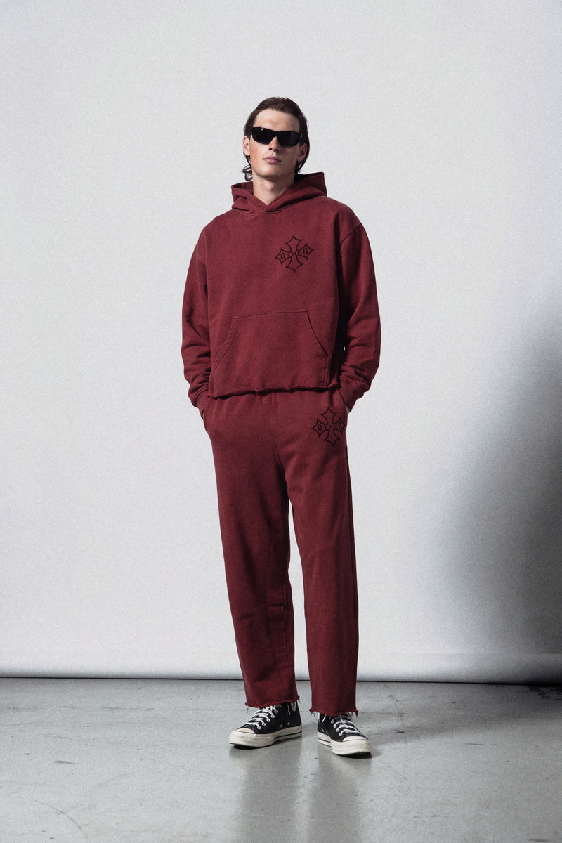 Icon Vintage Issue Raw Edge Oversized Hoodie - Oxblood