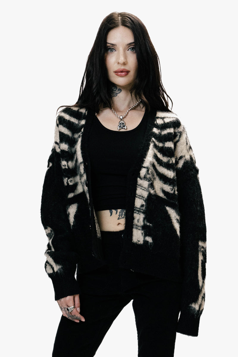 Skeleton Brushed Mohair Knit Cardigan - Black - Women
