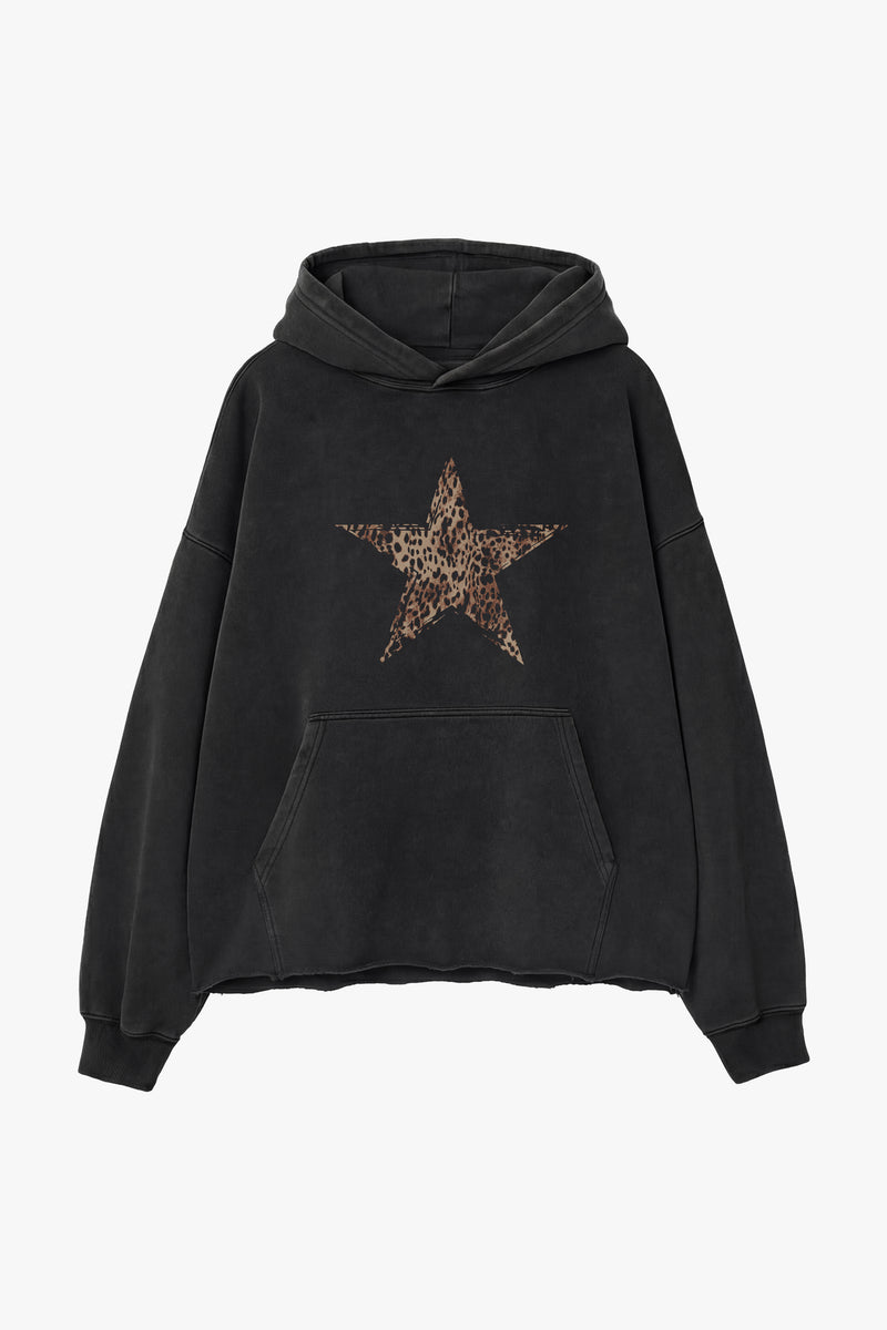 Leopard Star Raw Edge Hoodie - Aged Black