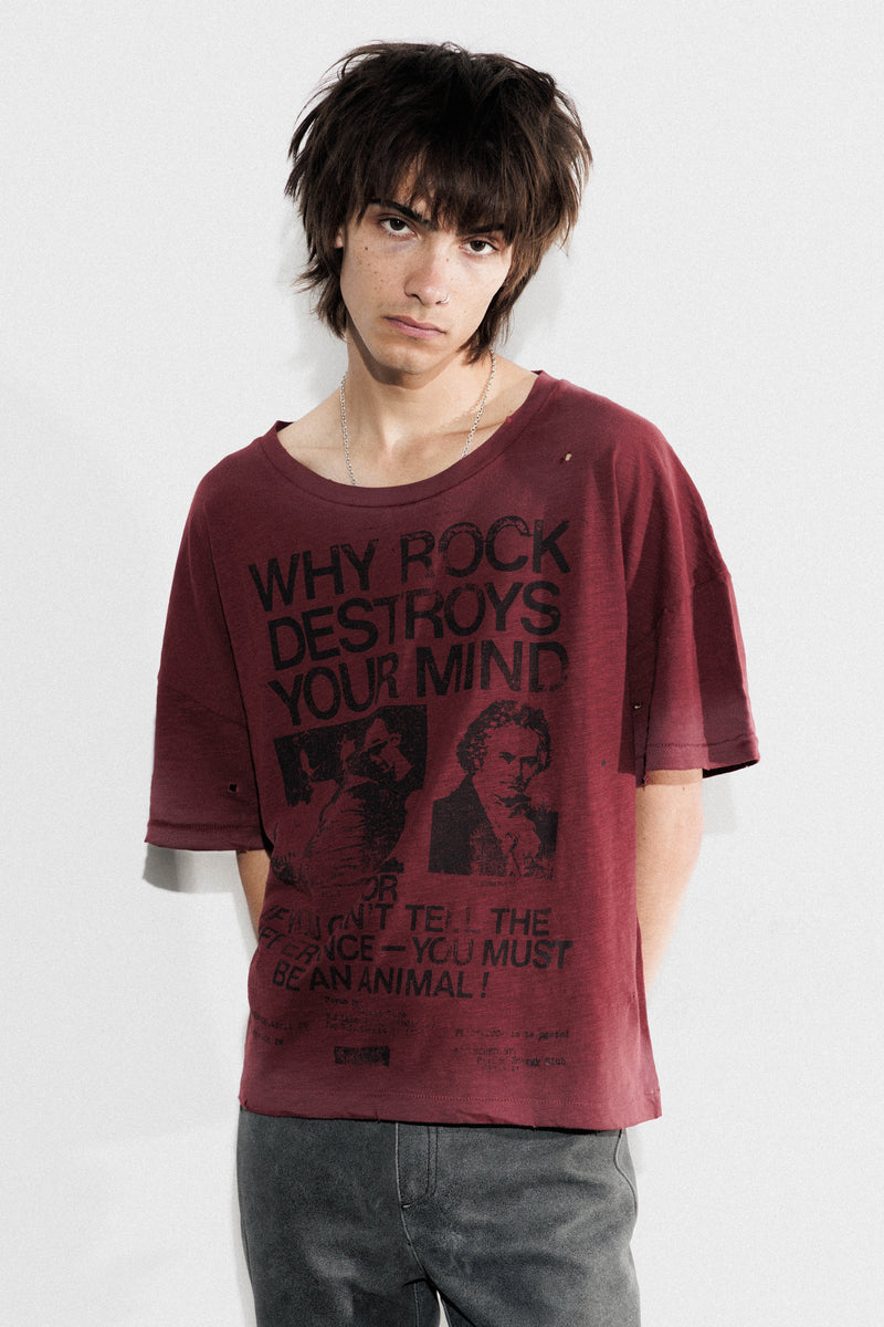 Rock Music Destroys Decay T Shirt - Aged Oxblood