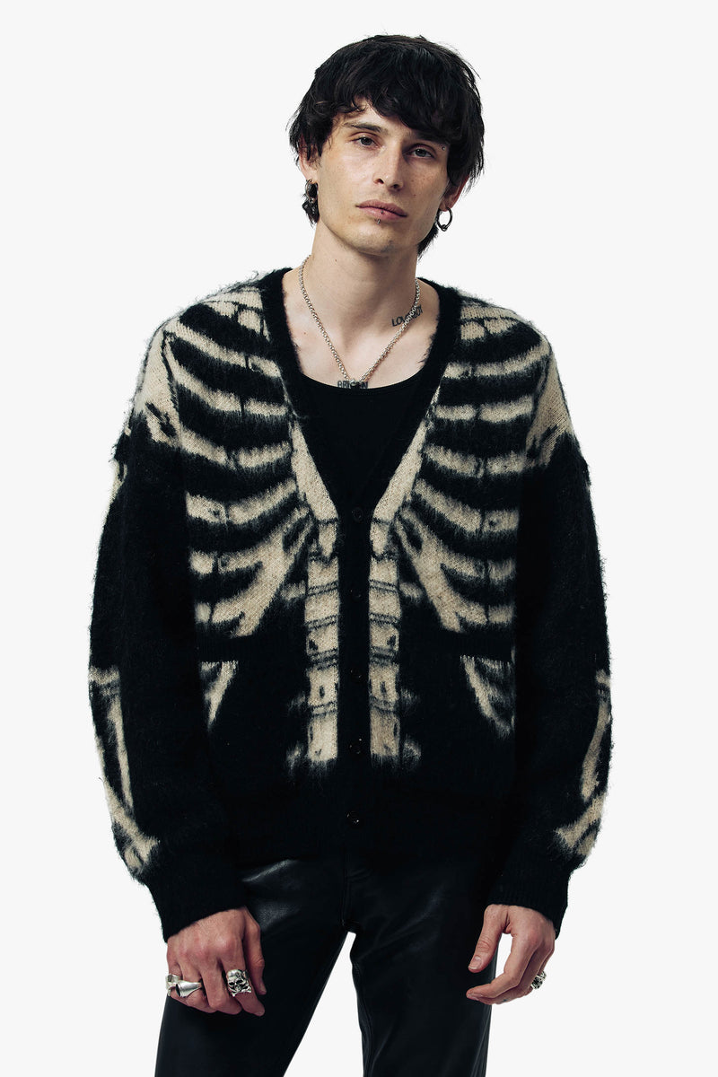 Skeleton Brushed Mohair Knit Cardigan  - Black