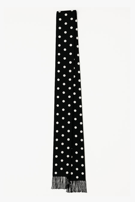 70's Skinny Silk Tassel Scarf - Black Polka Dot