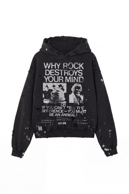 Rock Music Destroys Print Studio Hoodie - Aged black