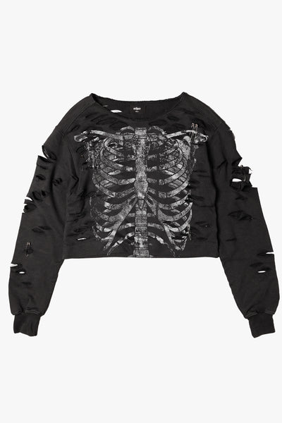 トップス SKELETON PATCHED CREW SWEAT SKELETON-DESTROYED-CROPPED-