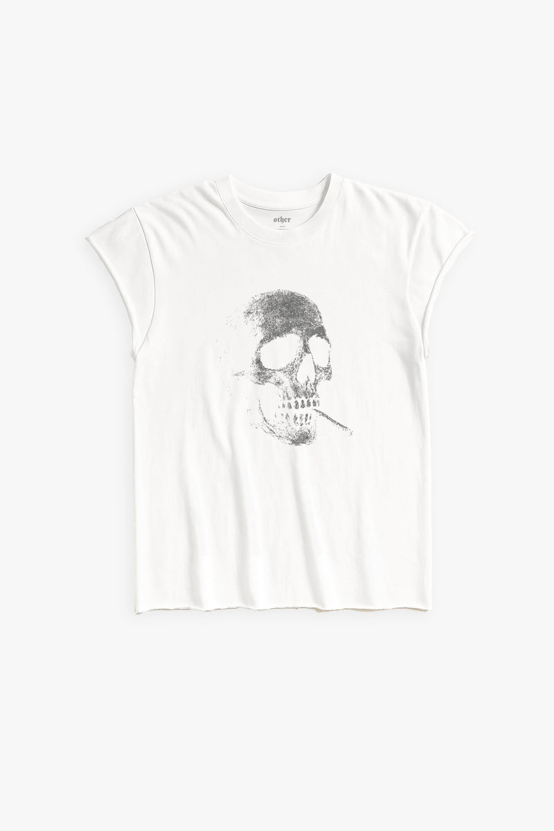 SMOKING SKULL ROCKER TEE - WHITE - WOMEN