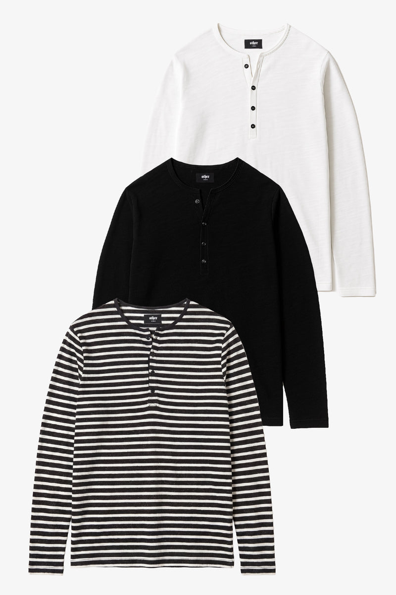 Damon Long Sleeve Henley T Shirt Bundle -Stripe, Black & Bone