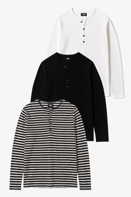 Damon Long Sleeve Henley T Shirt Bundle -Stripe, Black & Bone