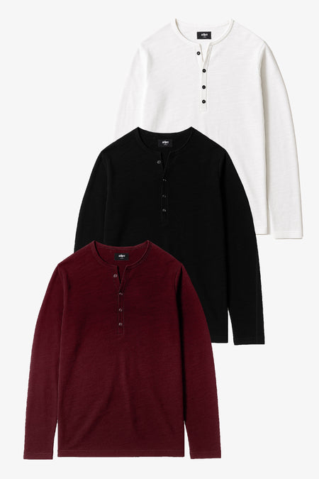 Damon Long Sleeve Henley T Shirt Bundle -Oxblood, Black & Bone