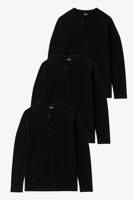 Damon Long Sleeve Henley T Shirt Bundle - Black