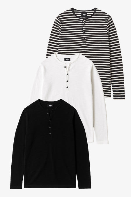Damon Long Sleeve Henley T Shirt Bundle -Black Bone & Stripe