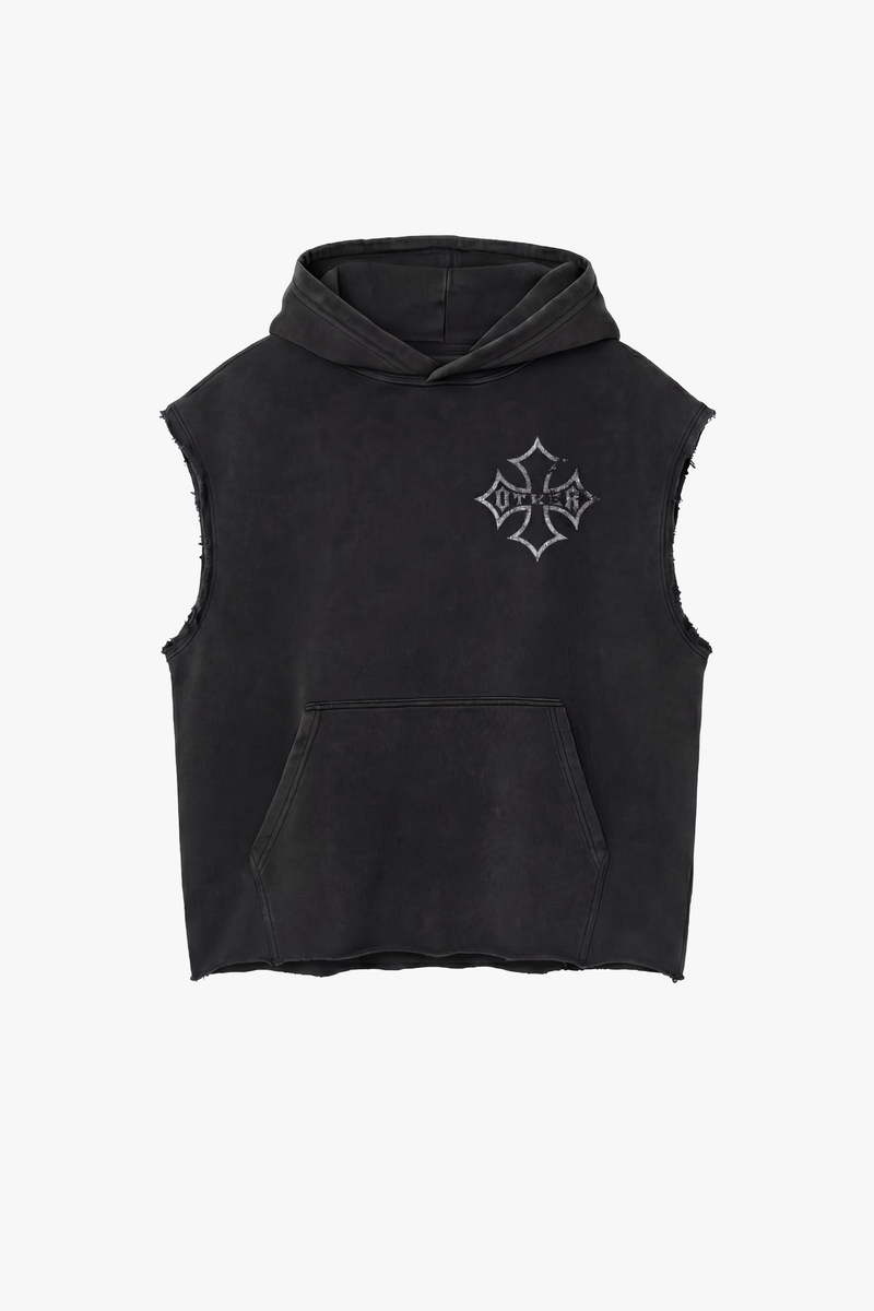Icon Vintage Issue Raw Edge Sleeveless Oversized Hoodie - Vintage Black