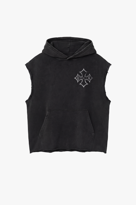 Icon Vintage Issue Raw Edge Sleeveless Oversized Hoodie - Vintage Black