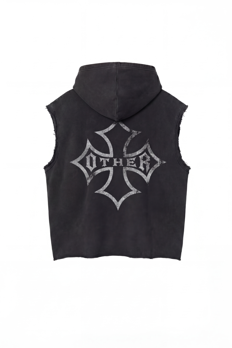 Icon Vintage Issue Raw Edge Sleeveless Oversized Hoodie - Vintage Black