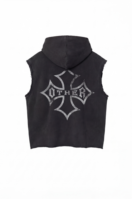 Icon Vintage Issue Raw Edge Sleeveless Oversized Hoodie - Vintage Black